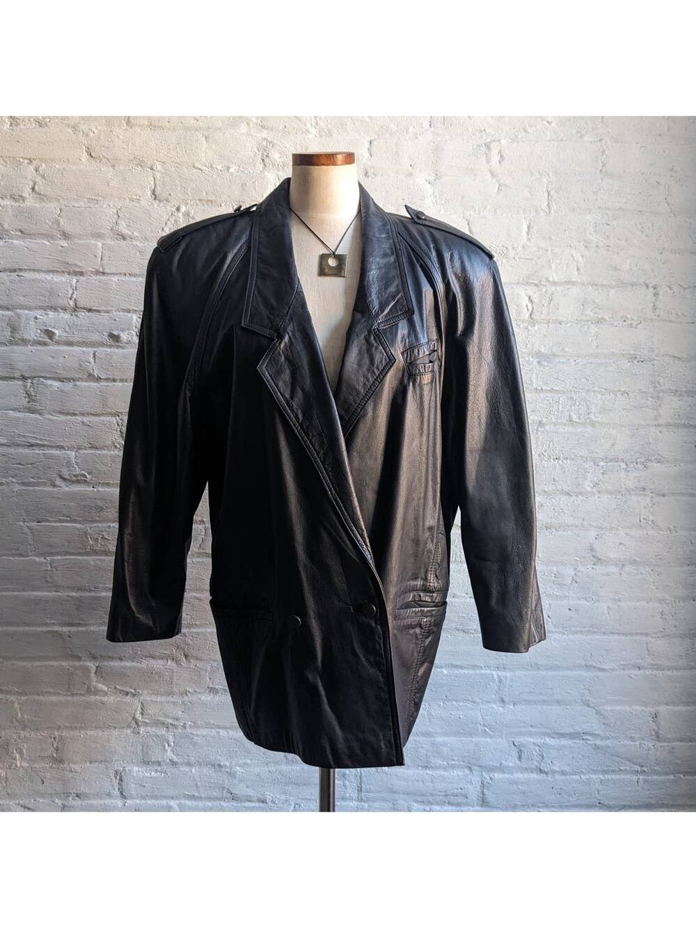 Vintage Minimalist Black Leather Duster Embroidered Biker Moto Goth Trench Coat